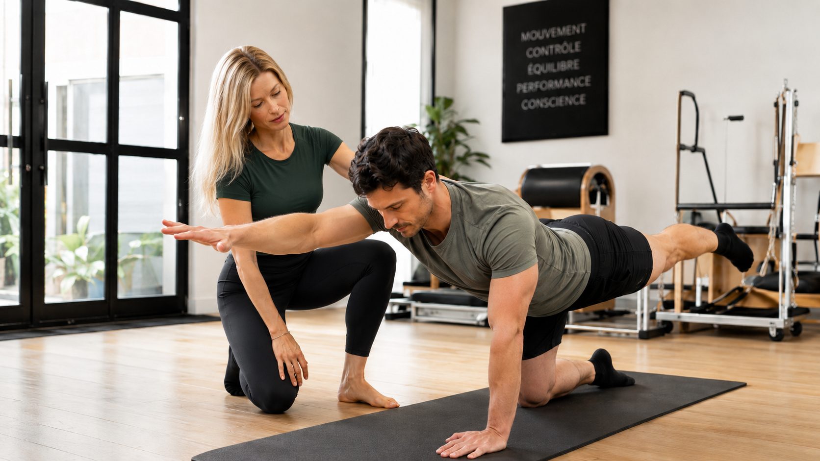 Sportif travaillant le gainage profond et la stabilité avec Gabrielle Eychenne