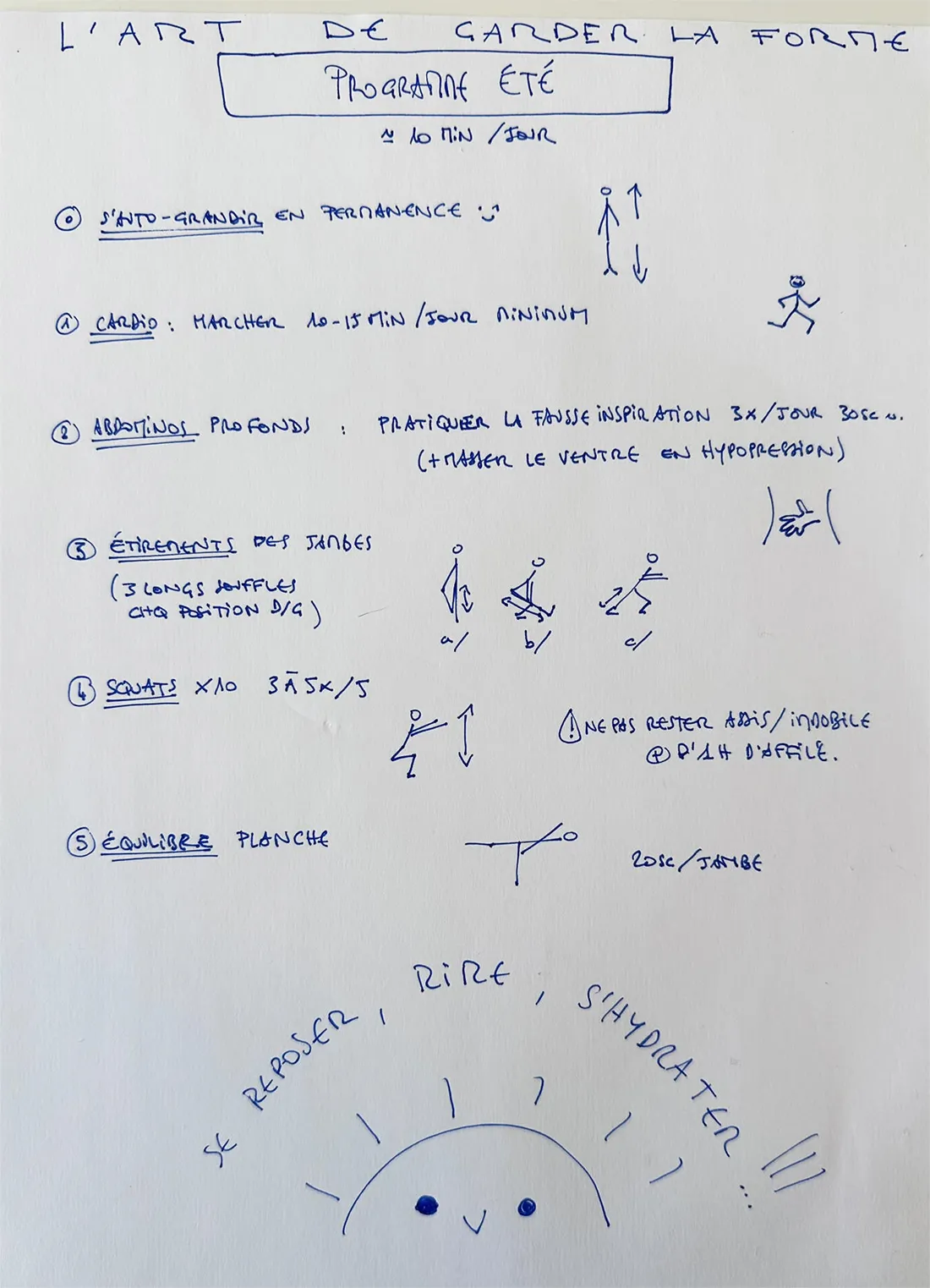 Programme d’exercices personnalisé rédigé à la main par Gabrielle Eychenne
